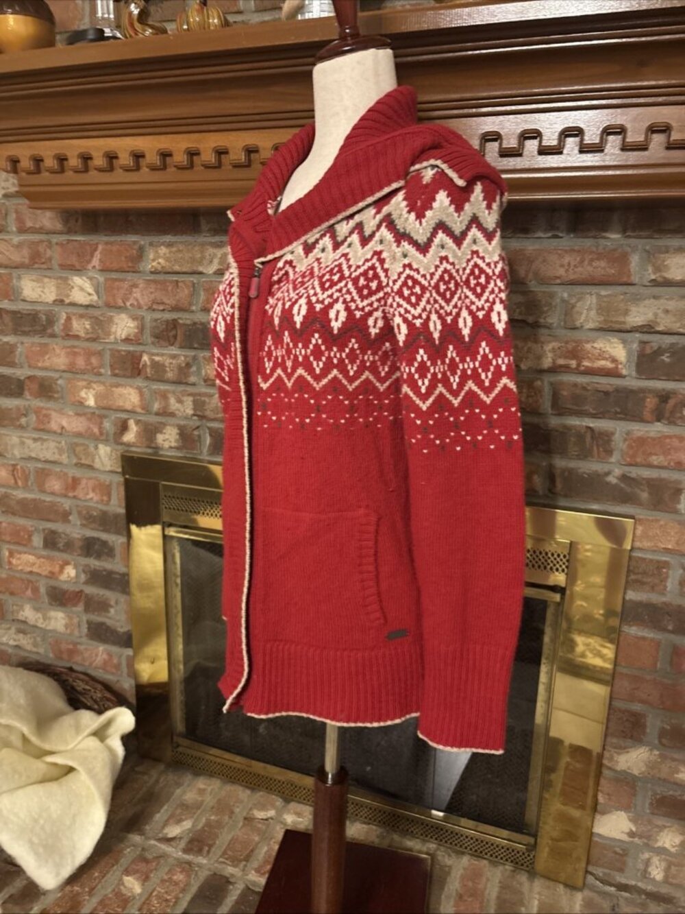 Eddie Bauer Red Fair Isle Wool Blend Full Zip Cardigan Sweater Womens Medium - Picture 2 of 6
